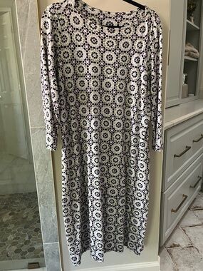 Lands' End Black and White Printed 3/4 Sleeve Midi Dress